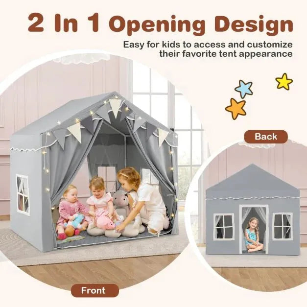 Kids Large Play Tent House with Screen Curtains and Star Lights in Grey - Little and Giant Explorers Costway