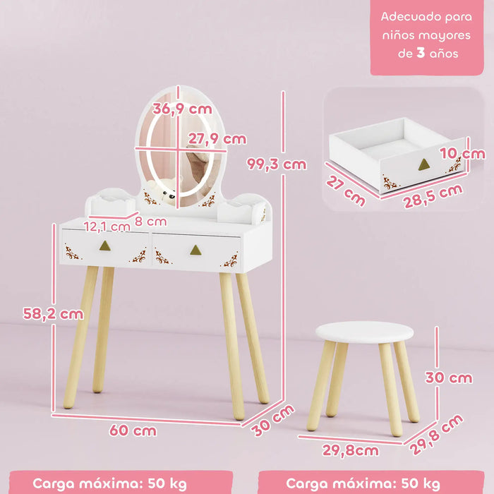 Children's vanity table with stool and mirror, showing dimensions on a pink background