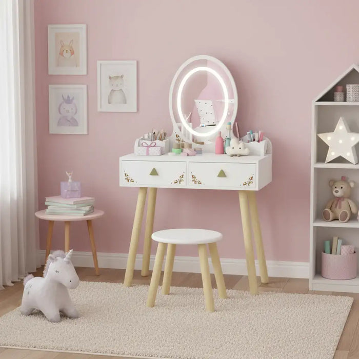 Children's vanity table with mirror and stool in a plush pink nursery