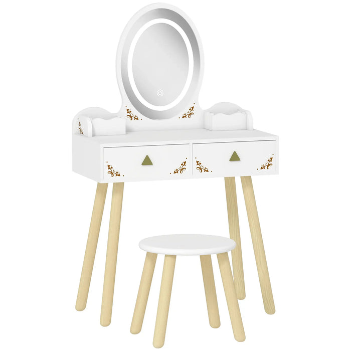 White vanity table with mirror and stool on a white background
