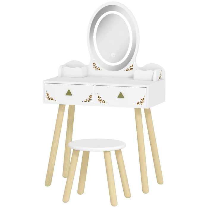 White vanity table with mirror and stool on a white background