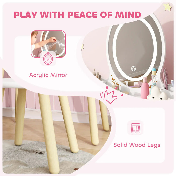 Children's vanity table with mirror and stool, featuring acrylic mirror and solid wood legs.