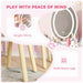 Children's vanity table with mirror and stool, featuring acrylic mirror and solid wood legs.