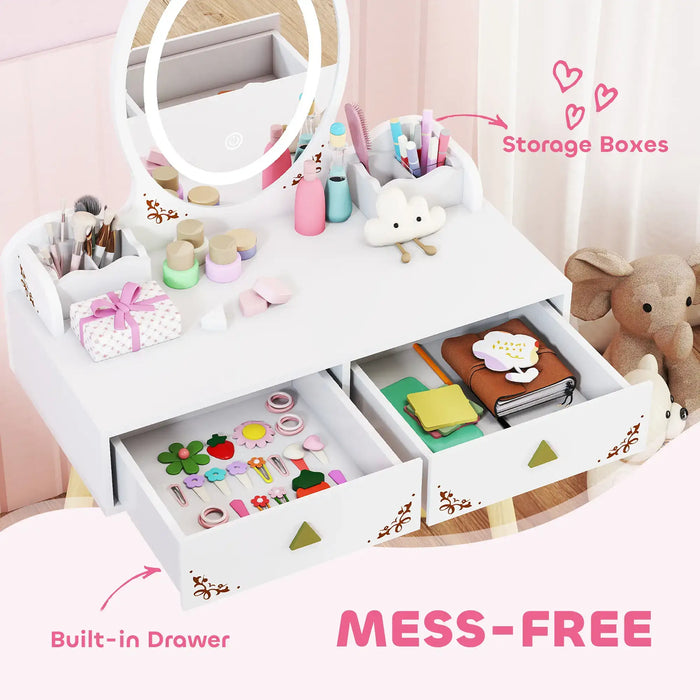 White desk organizer with storage boxes and a built-in drawer, featuring stationery items.