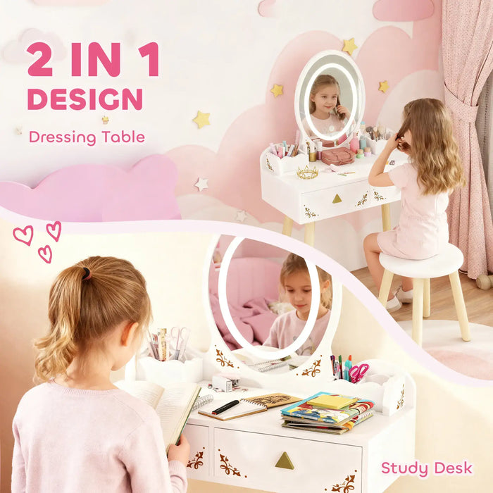 Children's 2-in-1 dressing table and study desk with a girl using it.