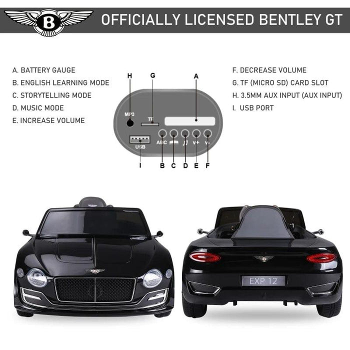 Licensed Bentley GT with Remote Control, Two Motors, LED Light and Music 12V in Black - Little and Giant Explorers HOMCOM