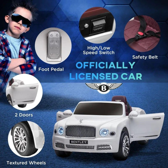 Licensed Bentley Mulsanne with Remote Control, LED lights and Music 12V in White - Little and Giant Explorers HOMCOM