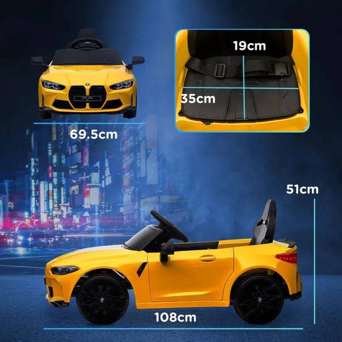 Kids Licensed BMW M4 with Easy Transport, Remote Control, Suspensions, Music, Horn and LED Lights in Yellow 12V - Little and Giant Explorers AIYAPLAY