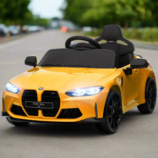 Kids Licensed BMW M4 with Easy Transport, Remote Control, Suspensions, Music, Horn and LED Lights in Yellow 12V - Little and Giant Explorers AIYAPLAY