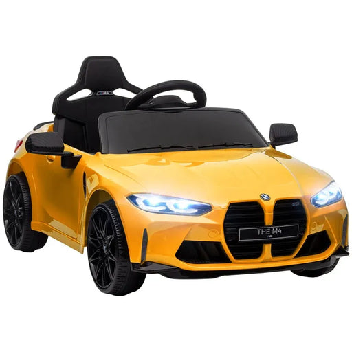 Kids Licensed BMW M4 with Easy Transport, Remote Control, Suspensions, Music, Horn and LED Lights in Yellow 12V - Little and Giant Explorers AIYAPLAY