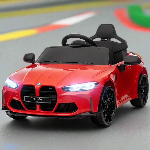 Kids Licensed BMW M4 with Easy Transport, Remote Control, Suspensions, Music, Horn and LED Lights 12V in Red - Little and Giant Explorers AIYAPLAY