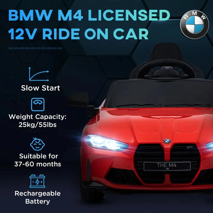 Kids Licensed BMW M4 with Easy Transport, Remote Control, Suspensions, Music, Horn and LED Lights 12V in Red - Little and Giant Explorers AIYAPLAY