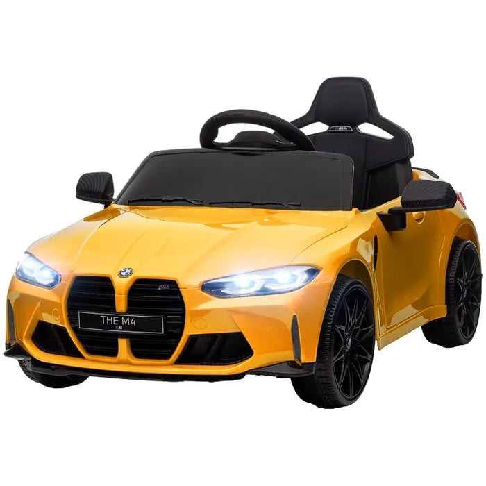 Kids Licensed BMW M4 with Easy Transport, Remote Control, Suspensions, Music, Horn and LED Lights in Yellow 12V - Little and Giant Explorers AIYAPLAY