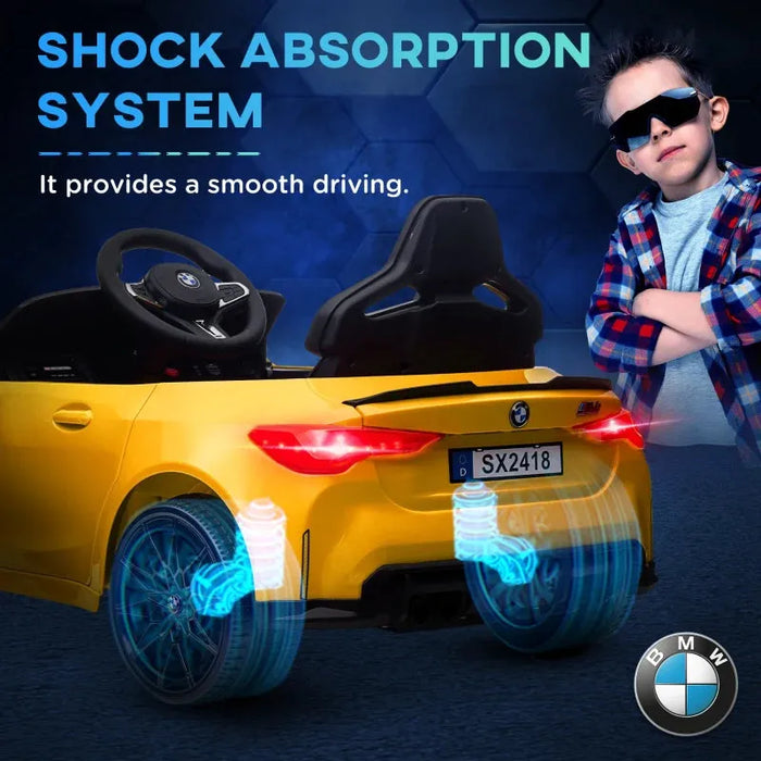 Kids Licensed BMW M4 with Easy Transport, Remote Control, Suspensions, Music, Horn and LED Lights in Yellow 12V - Little and Giant Explorers AIYAPLAY