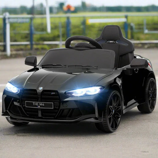 Kids Licensed BMW M4 with Easy Transport, Remote Control, Suspensions, Music, Horn and LED Lights 12V in Black - Little and Giant Explorers AIYAPLAY