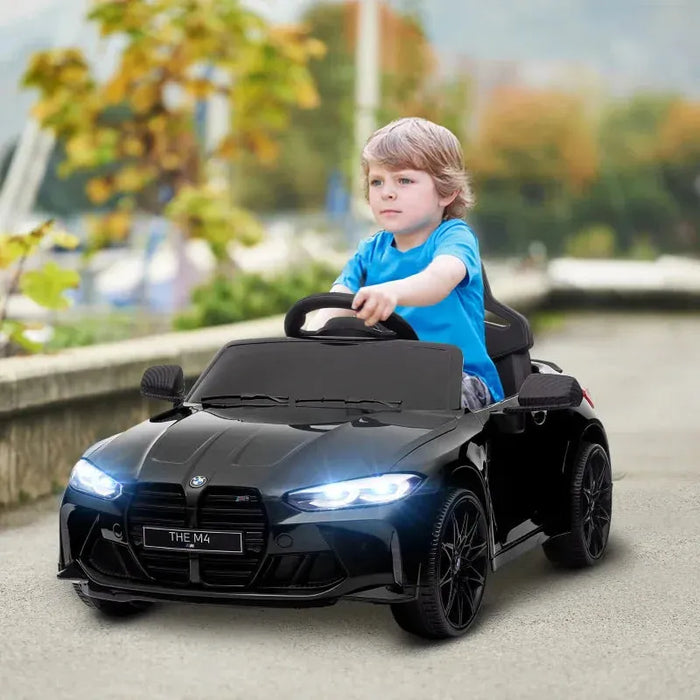 Kids Licensed BMW M4 with Easy Transport, Remote Control, Suspensions, Music, Horn and LED Lights 12V in Black - Little and Giant Explorers AIYAPLAY