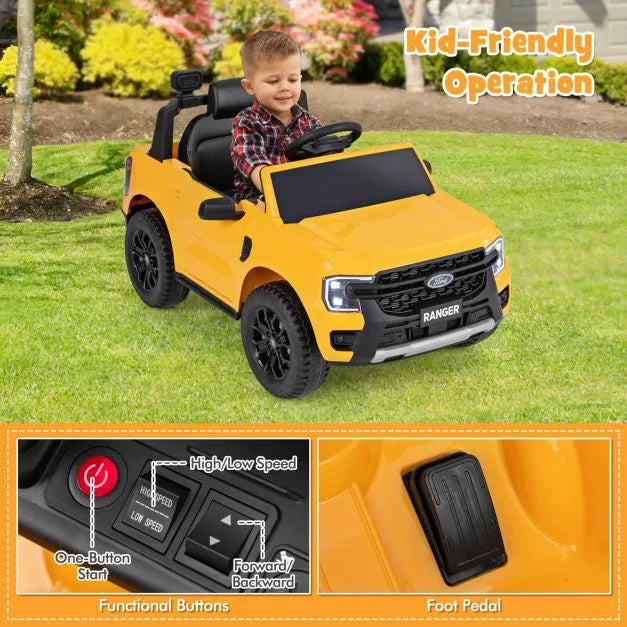 Kids Licensed Ford Ranger Car with Remote Control in Yellow 12V - Little and Giant Explorers Costway