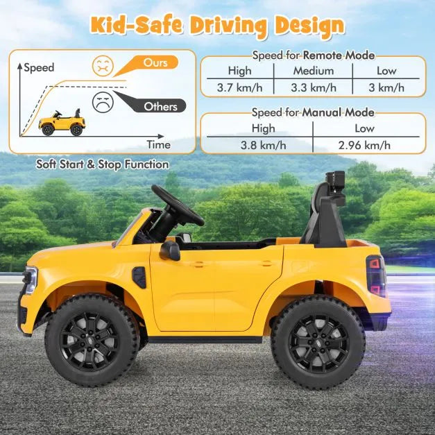 Kids Licensed Ford Ranger Car with Remote Control in Yellow 12V - Little and Giant Explorers Costway