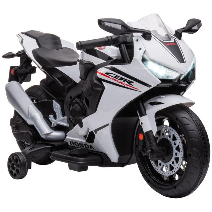 Licensed Honda Kids Motorcycle with Music and Training Wheels 6V in White - Little and Giant Explorers HOMCOM