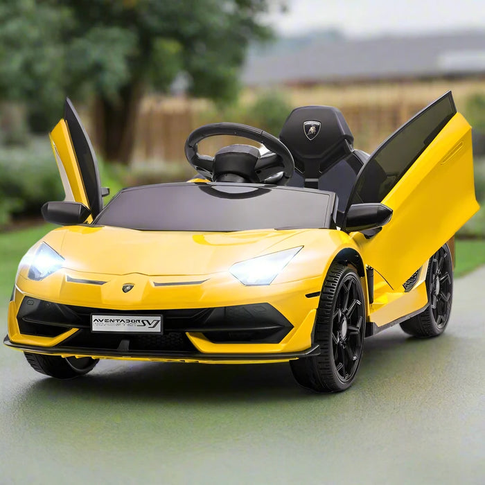 Licensed Lamborghini Aventador with Butterfly Doors, Remote, Music, Horn and Suspension 12V in Yellow - Little and Giant Explorers HOMCOM