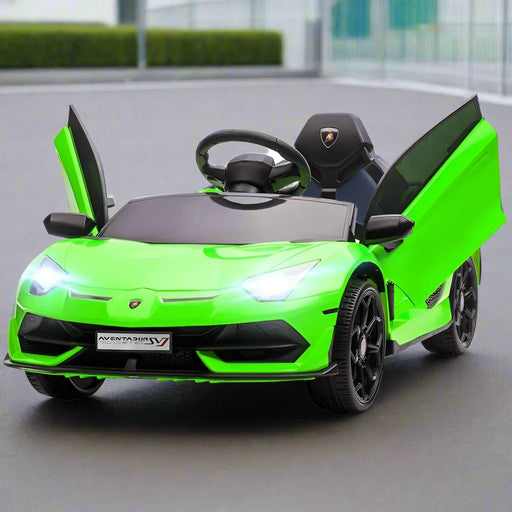 Licensed Lamborghini Aventador with Butterfly Doors, Remote, Music, Horn and Suspension 12V in Green - Little and Giant Explorers HOMCOM