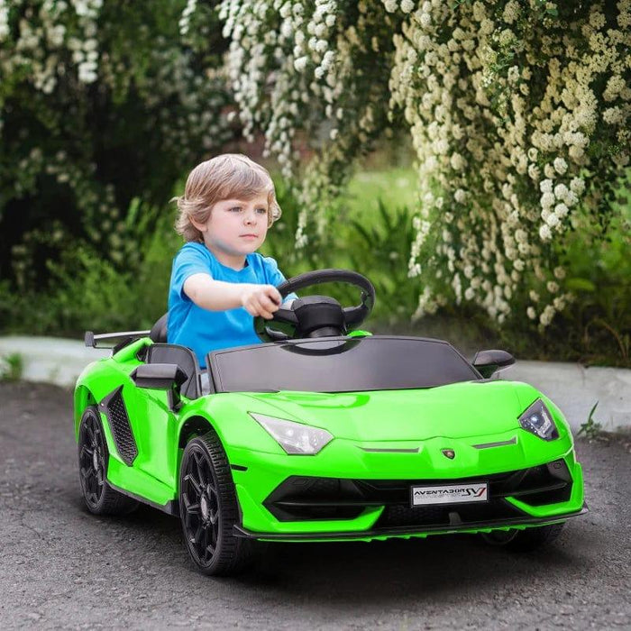 Licensed Lamborghini Aventador with Butterfly Doors, Remote, Music, Horn and Suspension 12V in Green - Little and Giant Explorers HOMCOM