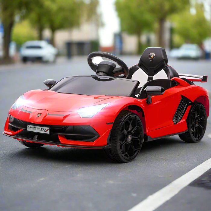 Licensed Lamborghini Aventador with Butterfly Doors, Remote, Music, Horn and Suspension 12V in Red - Little and Giant Explorers HOMCOM