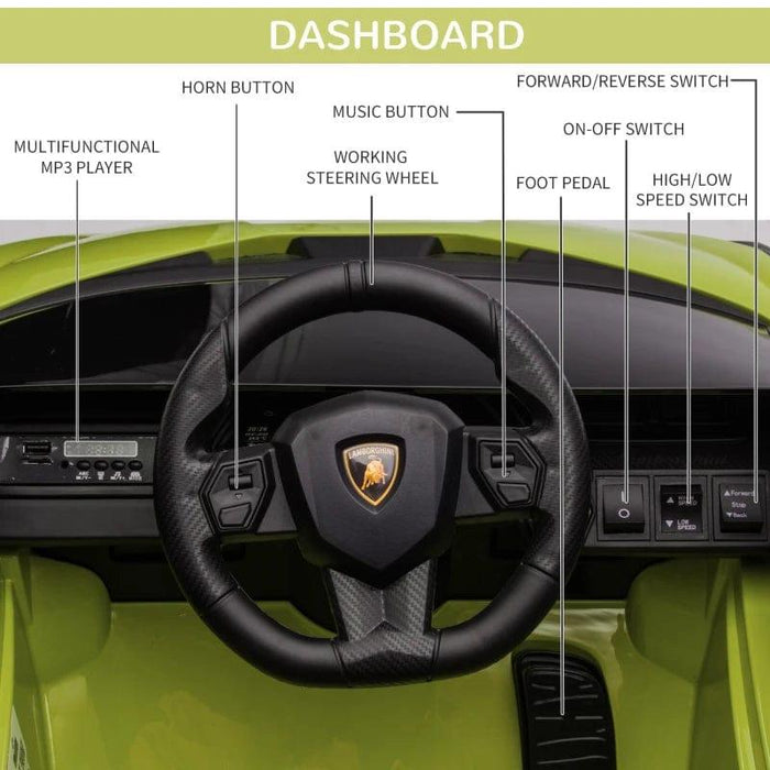 Licensed Lamborghini Sian with Remote, Music, Lights and MP3 12V in Green - Little and Giant Explorers HOMCOM