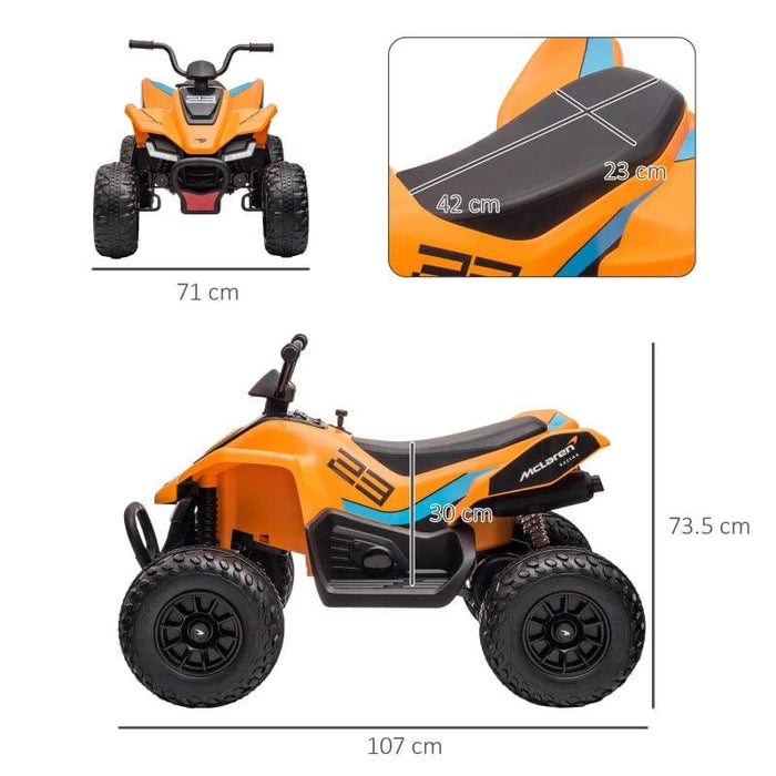 Licensed McLaren Quad Bike with Music, Headlights, MP3 Slot and Suspension Wheels 12V Electric Ride on Toy in Orange - Little and Giant Explorers HOMCOM