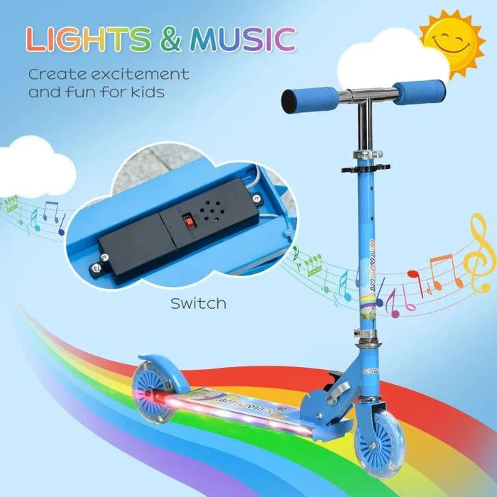 Blue kids light-up music scooter with LED lights, adjustable height, and music notes background