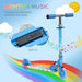 Blue kids light-up music scooter with LED lights, adjustable height, and music notes background