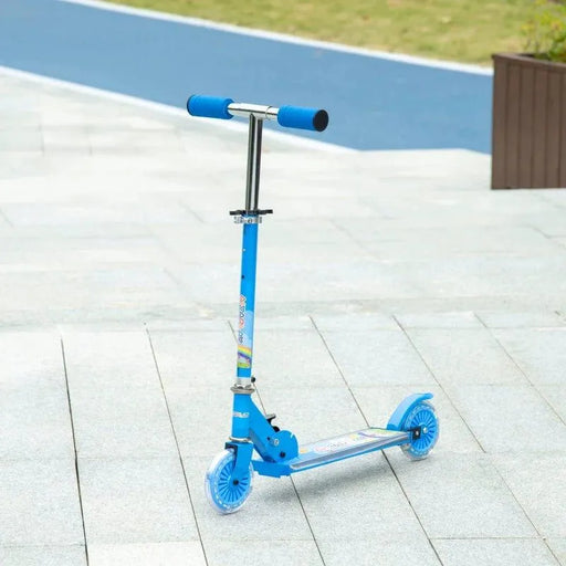 Blue kids light up music scooter with adjustable height and LED wheels on paved path