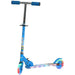 Blue kids scooter with adjustable height and LED light-up wheels on white background