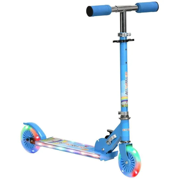 Blue kids light-up scooter with LED wheels and adjustable handlebar on white background