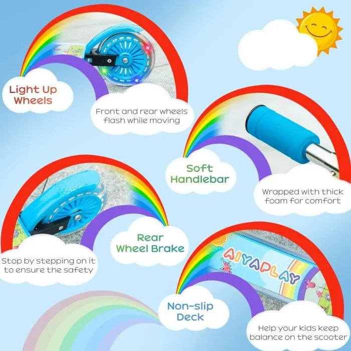 Blue kids light-up music scooter features LED wheels, soft handlebar, rear brake, non-slip deck