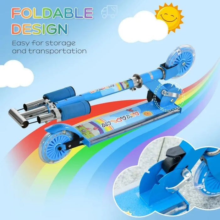 Blue foldable kids light-up music scooter with adjustable height and LED wheels on rainbow backdrop