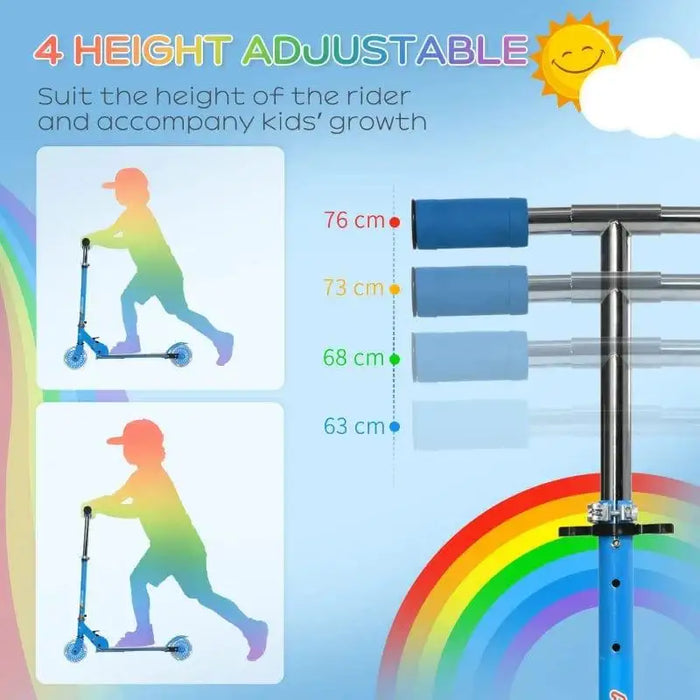 Kids blue light-up scooter with 4 adjustable heights, LED wheels, rainbow graphics, 63-76cm.