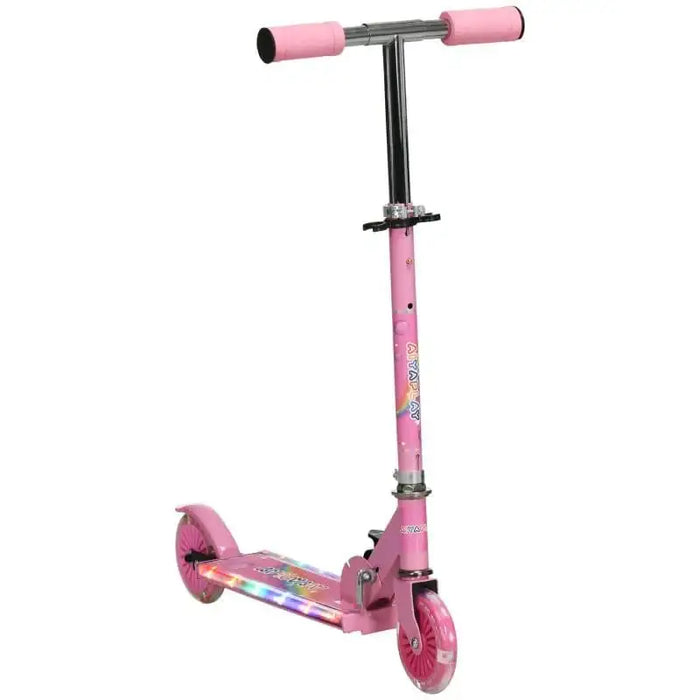 Pink kids light-up music scooter with LED lights and adjustable handlebar