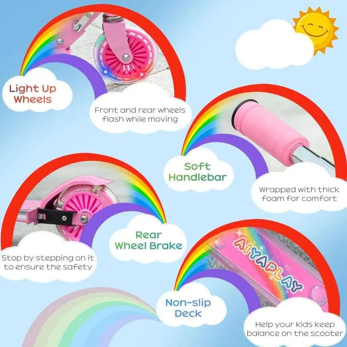 Pink kids scooter with light-up wheels, rear wheel brake, soft foam handlebar, and non-slip deck
