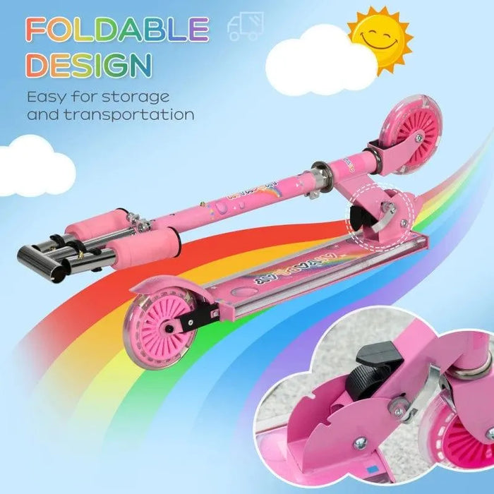 Pink kids foldable scooter with LED wheels, rainbow background, adjustable height