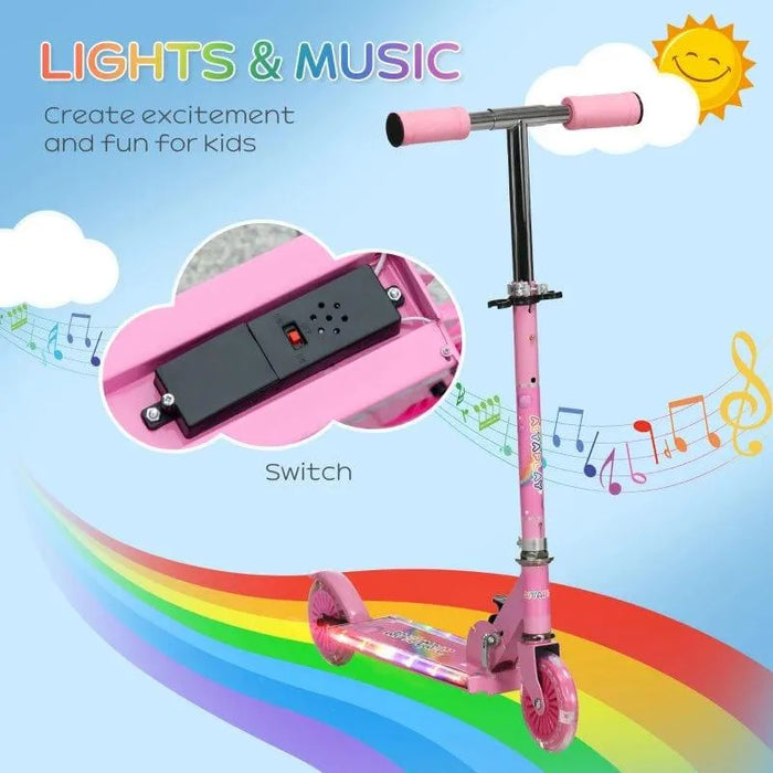 Pink kids music scooter with LED lights, rainbow background, adjustable handlebar, and visible switch.