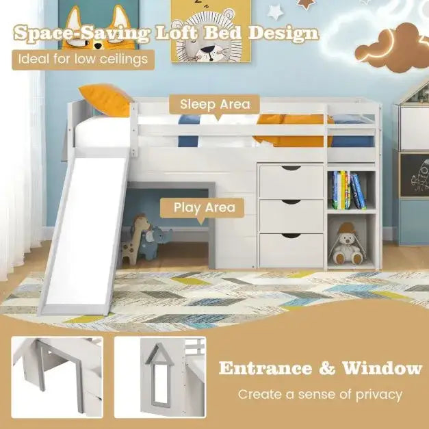 Single Pine Wood Loft Bed with Slide, Ladder and Den in Grey - Little and Giant Explorers Costway