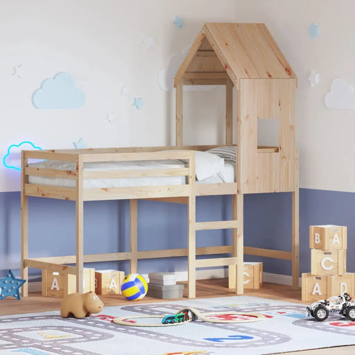 Kids Loft Bed with Ladder and Roof in Solid Wood Pine (90 x 200cm) - Little and Giant Explorers vidaXL