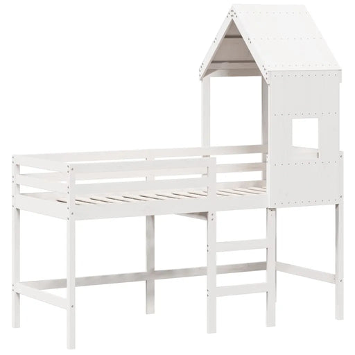 Kids Loft Bed with Ladder and Roof in White and Solid Wood Pine (90 x 200cm) - Little and Giant Explorers vidaXL