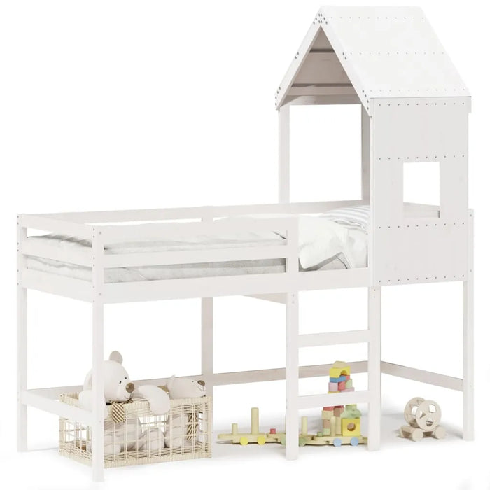 Kids Loft Bed with Ladder and Roof in White and Solid Wood Pine (90 x 200cm) - Little and Giant Explorers vidaXL