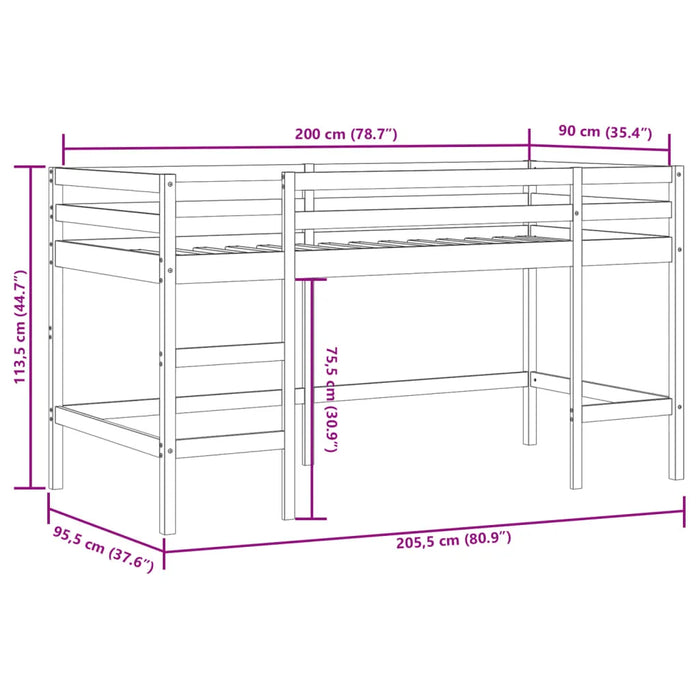 Kids Loft Bed with Ladder in Black and Solid Wood Pine (90 x 200cm) - Little and Giant Explorers vidaXL