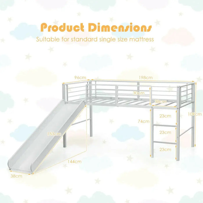 White metal loft bed with slide and ladder, dimensions for single size mattress, pastel cloud background