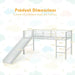 White metal loft bed with slide and ladder, dimensions for single size mattress, pastel cloud background