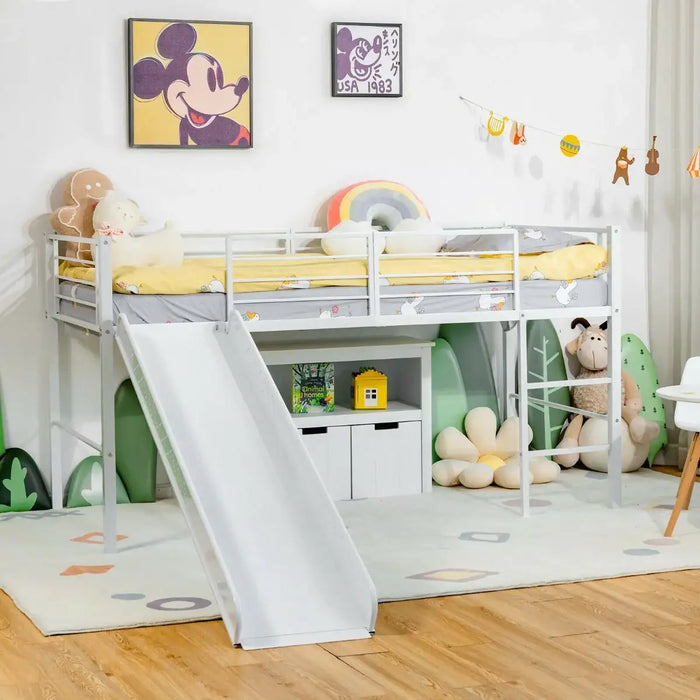 White metal loft bed with slide in colorful kids room featuring Mickey wall art, stuffed toys, and playful decor