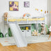 White metal loft bed with slide in colorful kids room featuring Mickey wall art, stuffed toys, and playful decor